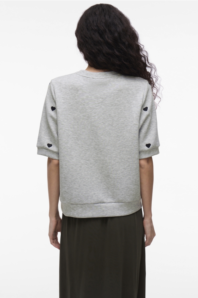 VISIF S/S EMBR HEART SWEAT / T 14113196 LIGHT GREY MELANGE/BLACK HEART EMBROIDER